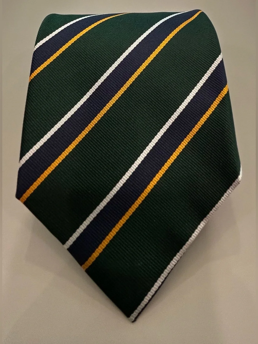 Vintage 90’s J. Crew 100% Silk Green Tie with Navy, Gold & White Diagonals